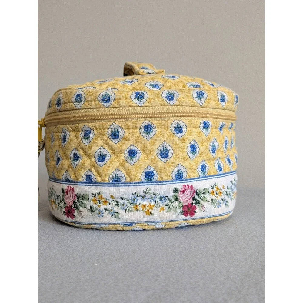 Rare Vintage Vera Bradley ELIZABETH Yellow Round Travel Cosmetic Bag Case Train